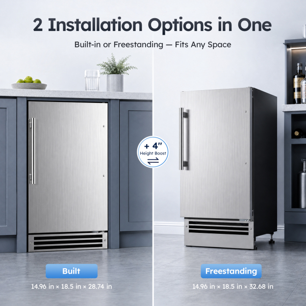 Mojgar under counter ice maker shown in built-in and freestanding installations with adjustable height from 28.74 to 32.68 inches for flexible placement.