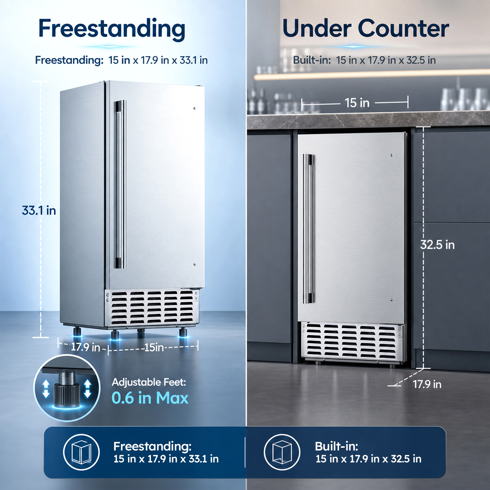 Mojgar 15-inch undercounter nugget ice maker shown in freestanding and built-in installations, measuring 15 inches wide and 17.9 inches deep with adjustable feet.