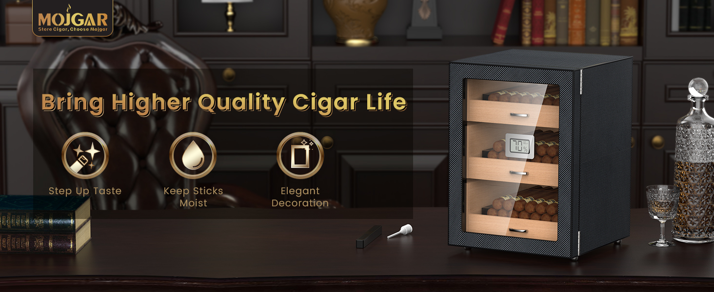 Elegant cigar humidor cabinet with carbon fiber design, featuring a hygrometer, wooden drawers, and a glass door. Enhances cigar taste, maintains moisture, and adds a sophisticated touch to any room.