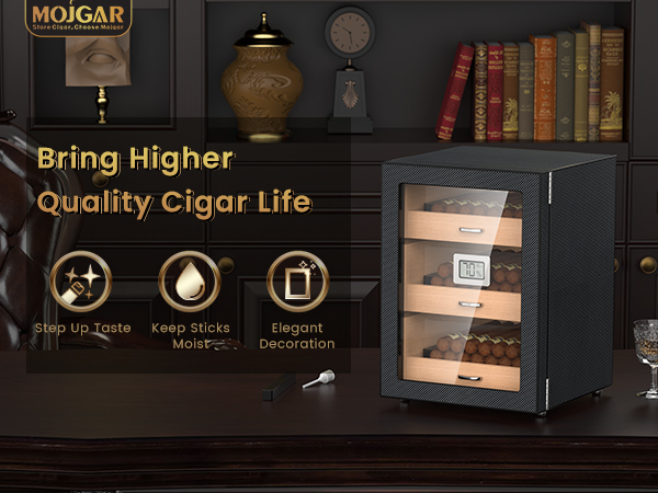 Elegant cigar humidor cabinet with carbon fiber design, featuring a hygrometer, wooden drawers, and a glass door. Enhances cigar taste, maintains moisture, and adds a sophisticated touch to any room.