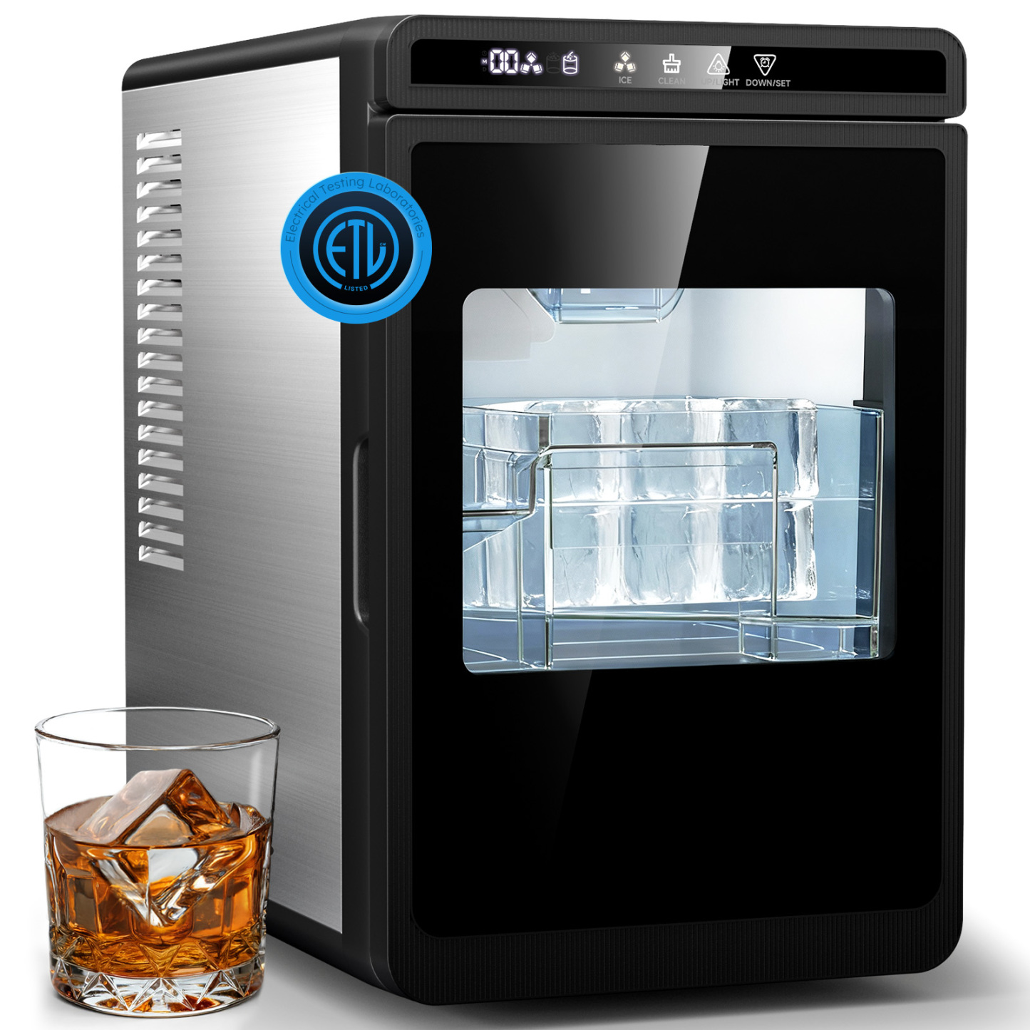 Mojgar 2 inch clear ice cube maker producing crystal-clear, slow-melting ice cubes, perfect for whiskey, cocktails, and home bar, featuring automatic cleaning and quiet operation.