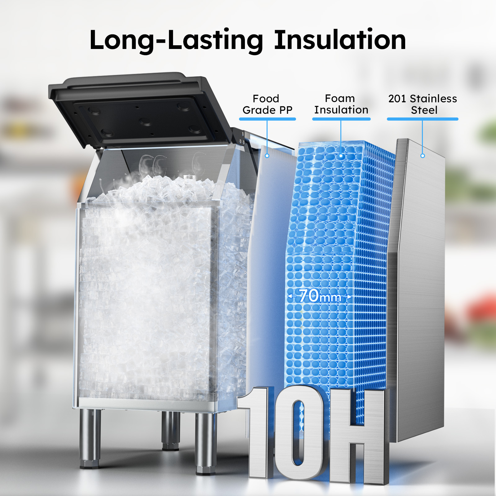Mojgar Commercial Ice Machine with 70mm foam insulation, food-grade PP liner, and 201 stainless steel construction. Keeps ice frozen for up to 10 hours, ensuring long-lasting storage. Ideal for restaurants, bars, and commercial use.
