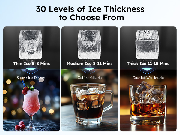 Mojgar Commercial Ice Machine with 30 levels of adjustable ice thickness. Choose from thin, medium, or thick ice (5-15 min) for shaved ice, coffee, cocktails, and whiskey. Ideal for bars and restaurants.