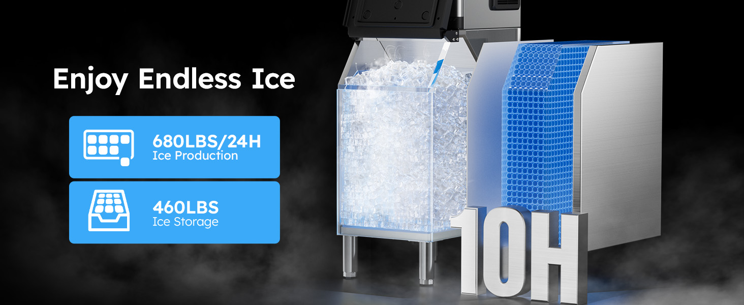 Mojgar Commercial Ice Machine with 680 lbs daily ice production and 460 lbs storage. Features advanced insulation to keep ice for up to 10 hours. Ideal for restaurants, bars, hotels, and supermarkets.