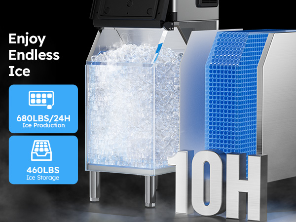 Mojgar Commercial Ice Machine with 680 lbs daily ice production and 460 lbs storage. Features advanced insulation to keep ice for up to 10 hours. Ideal for restaurants, bars, hotels, and supermarkets.