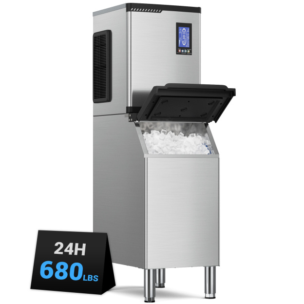 Mojgar Commercial Ice Machine with 680 lbs daily ice production and 460 lbs storage. Made of stainless steel, featuring an LED digital control panel, self-cleaning mode, and adjustable ice thickness. High-efficiency industrial ice maker for restaurants, bars, and businesses.
