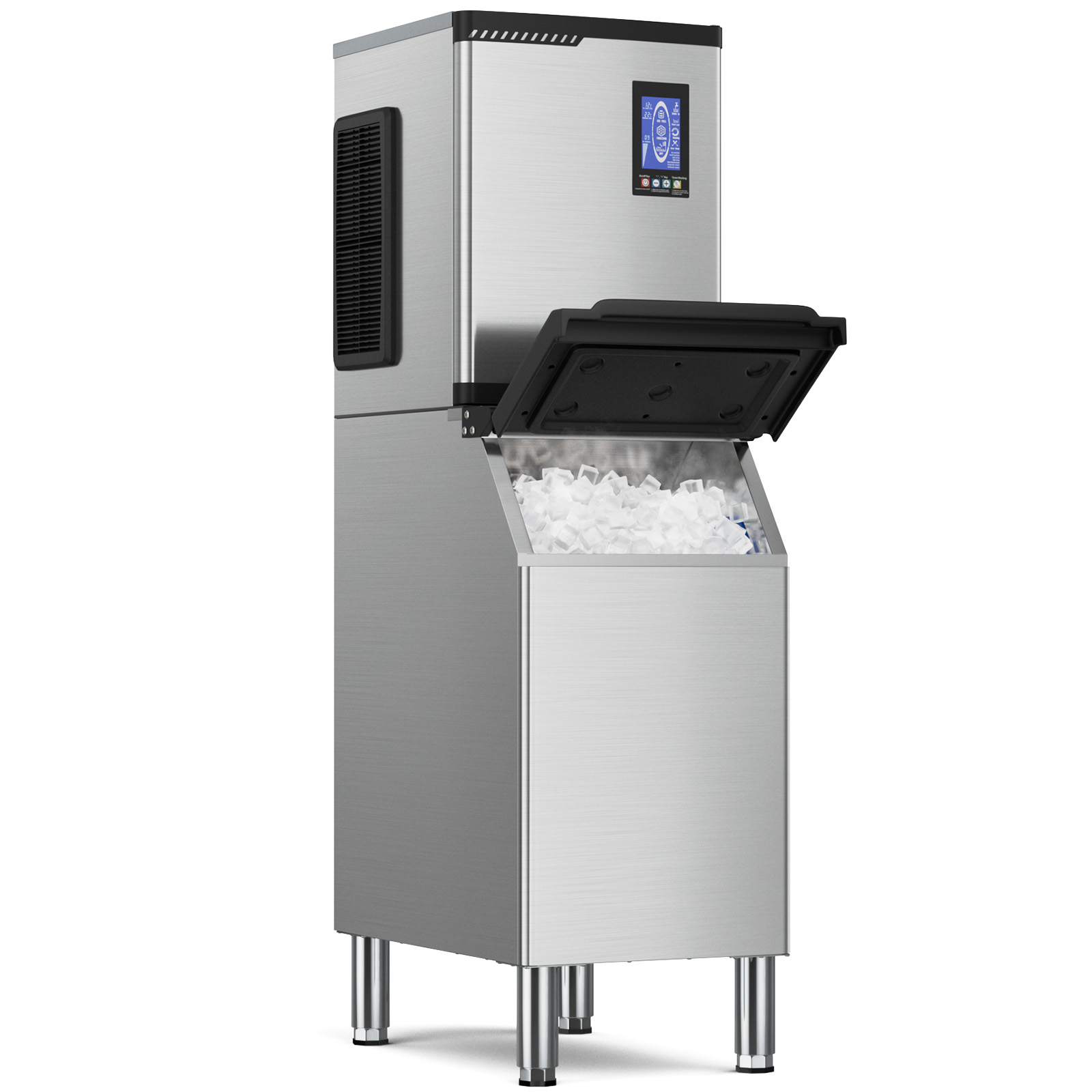 Mojgar Commercial Ice Machine with 680 lbs daily ice production and 460 lbs storage capacity. Made of stainless steel, featuring a digital LED control panel, adjustable ice thickness, self-cleaning function, and a high-efficiency compressor for fast ice making in 5-15 minutes.