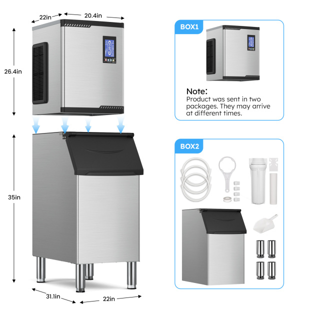 Mojgar Commercial Ice Machine with detailed dimensions and packaging information. The unit is shipped in two separate boxes, including the ice maker, storage bin, and accessories. Stainless steel design with a high-efficiency cooling system.