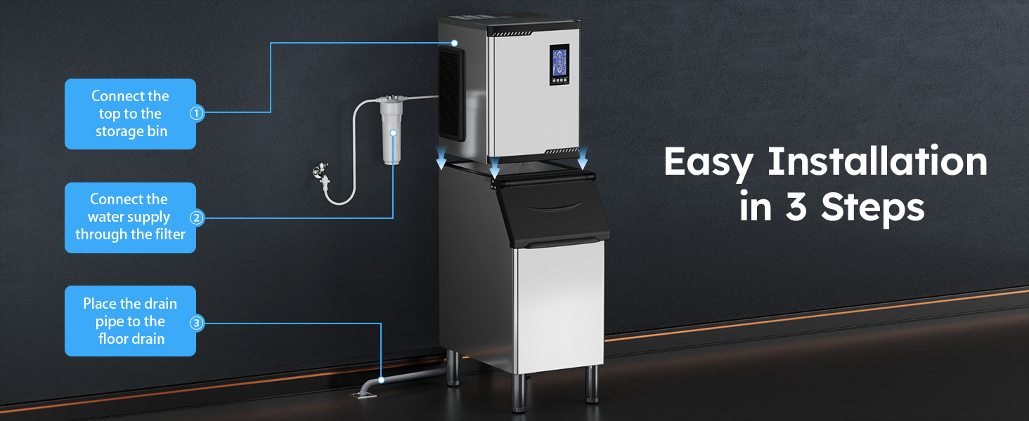 Mojgar Commercial Ice Machine with easy 3-step installation. Connect the top to the storage bin, attach the water supply through the filter, and place the drain pipe to the floor drain. Simple setup for businesses.