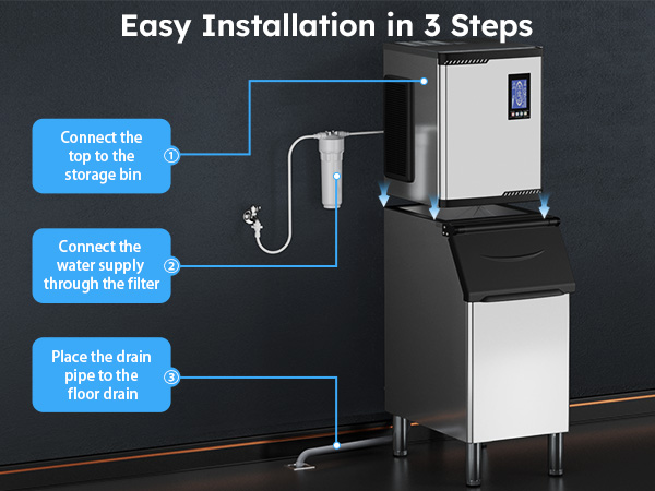 Mojgar Commercial Ice Machine with easy 3-step installation. Connect the top to the storage bin, attach the water supply through the filter, and place the drain pipe to the floor drain. Simple setup for businesses.