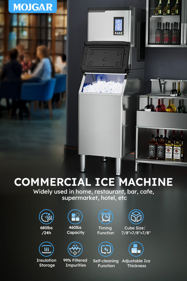 Mojgar Commercial Ice Machine with 680 lbs daily ice production and 460 lbs storage. Features include insulation storage, 99% impurity filtration, self-cleaning function, adjustable ice thickness, and a timing function. Ideal for bars, restaurants.