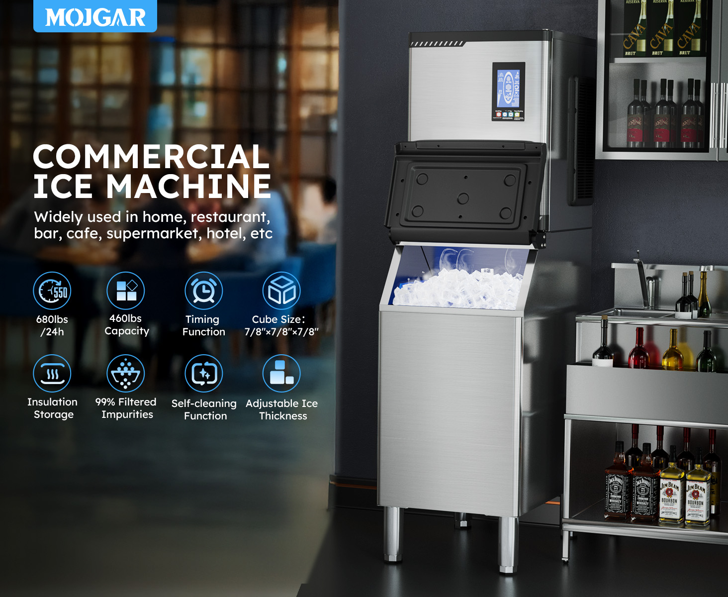 Mojgar Commercial Ice Machine with 680 lbs daily ice production and 460 lbs storage. Features include insulation storage, 99% impurity filtration, self-cleaning function, adjustable ice thickness, and a timing function. Ideal for bars, restaurants.