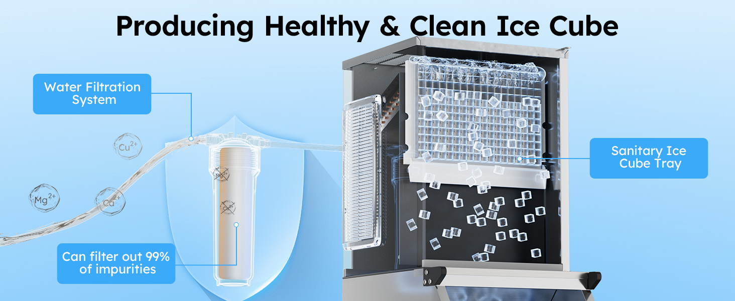 Mojgar Commercial Ice Machine with a water filtration system that removes 99% of impurities. Features a sanitary ice cube tray for producing clean, safe ice for restaurants, bars, and businesses.