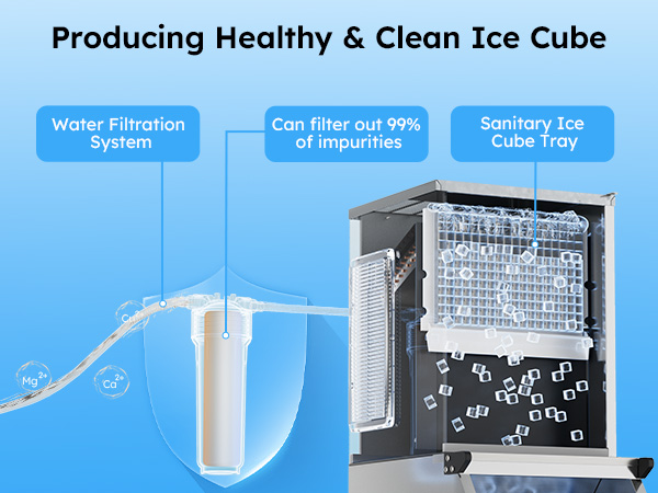 Mojgar Commercial Ice Machine with a water filtration system that removes 99% of impurities. Features a sanitary ice cube tray for producing clean, safe ice for restaurants, bars, and businesses.