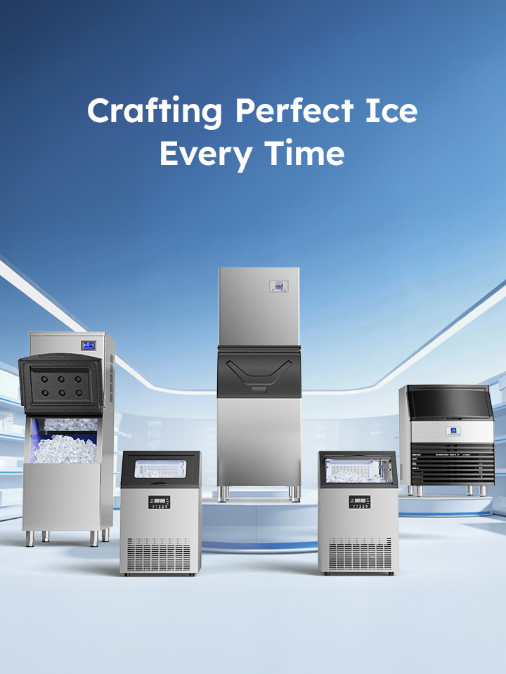 Showcase of Mojgar commercial ice makers in a modern display setting, highlighting various models for restaurants, bars, and catering businesses.