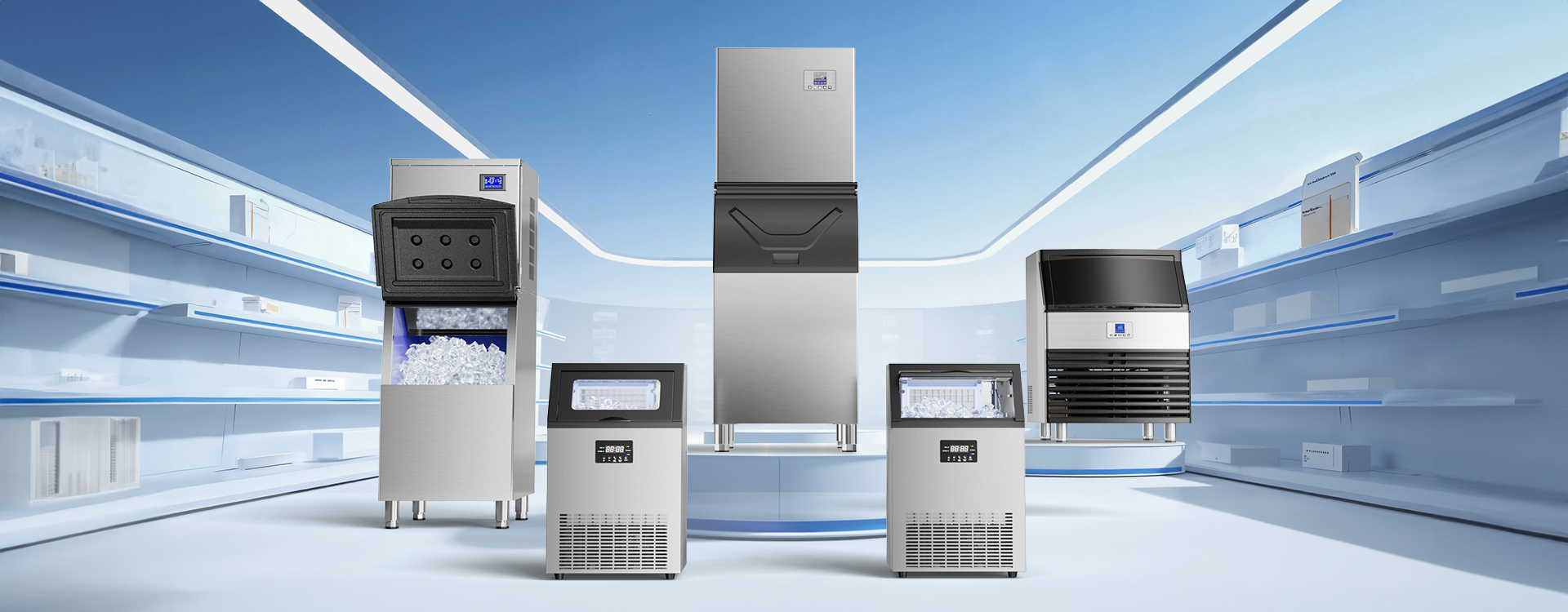 Showcase of Mojgar commercial ice makers in a modern display setting, highlighting various models for restaurants, bars, and catering businesses.