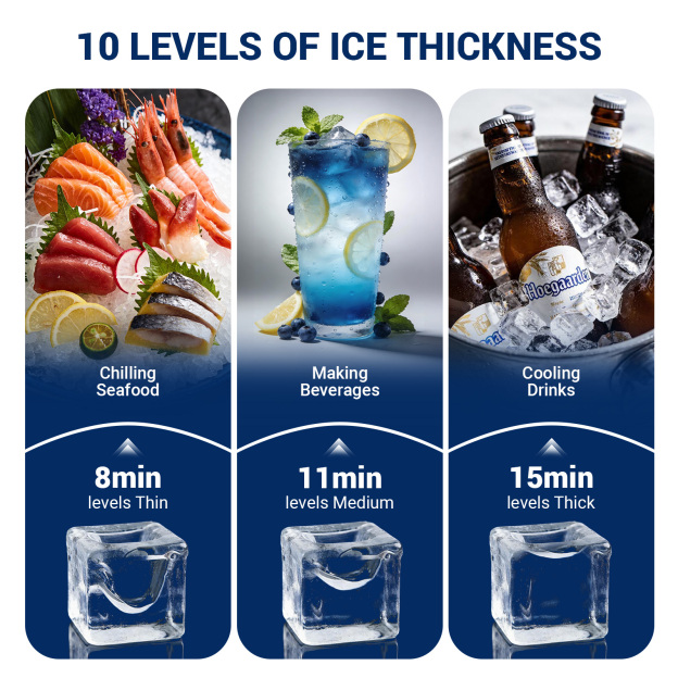Mojgar commercial ice maker infographic showing 10 adjustable ice thickness levels for chilling seafood, preparing cold beverages and cooling bottled drinks.