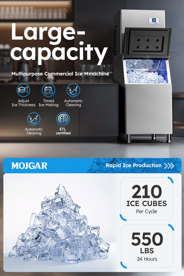 Mojgar large-capacity commercial ice maker in a bar setting, 210 ice cubes per cycle and 550 lbs per 24 hours, with direct water inlet, adjustable thickness, timed ice making, auto cleaning, ETL certified.