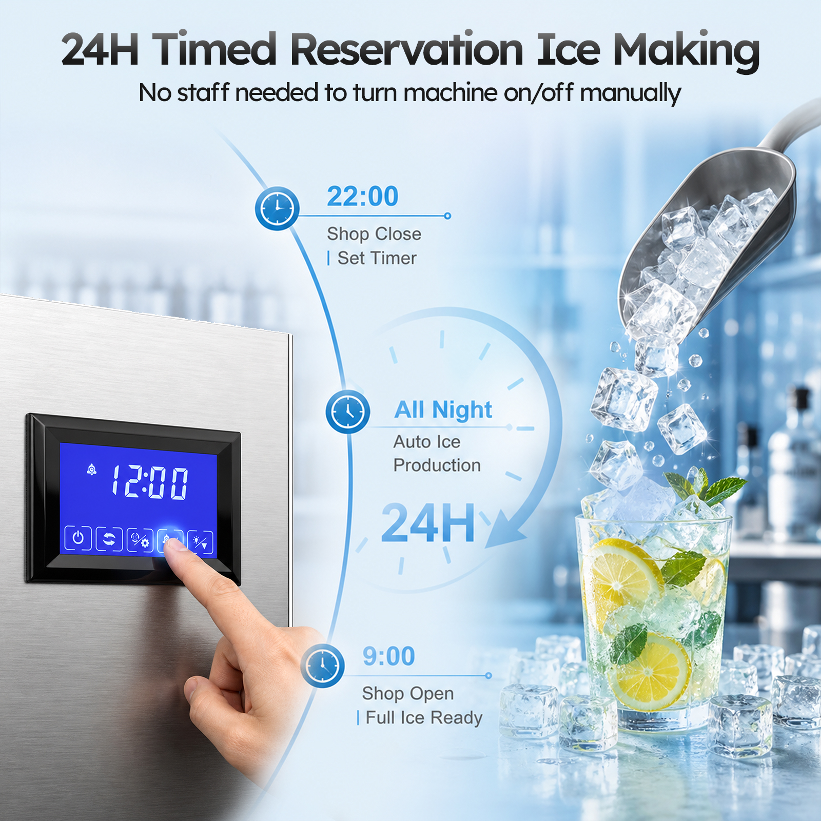 Mojgar commercial ice maker with 24-hour timer reservation for scheduled ice production, helping businesses prepare ice automatically before opening hours.