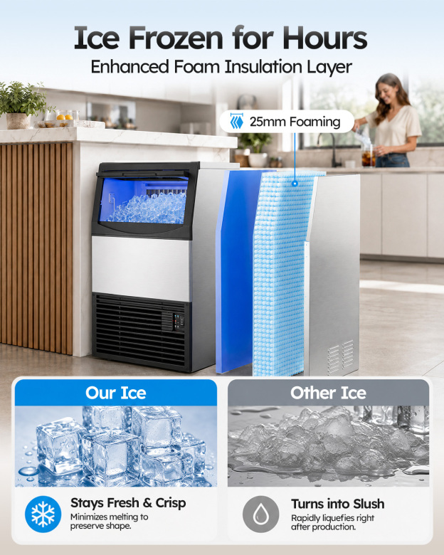 Mojgar commercial ice maker with a 25 mm foam insulation layer designed to slow ice melting, featuring a cutaway view of the insulated ice storage bin and square ice cubes.