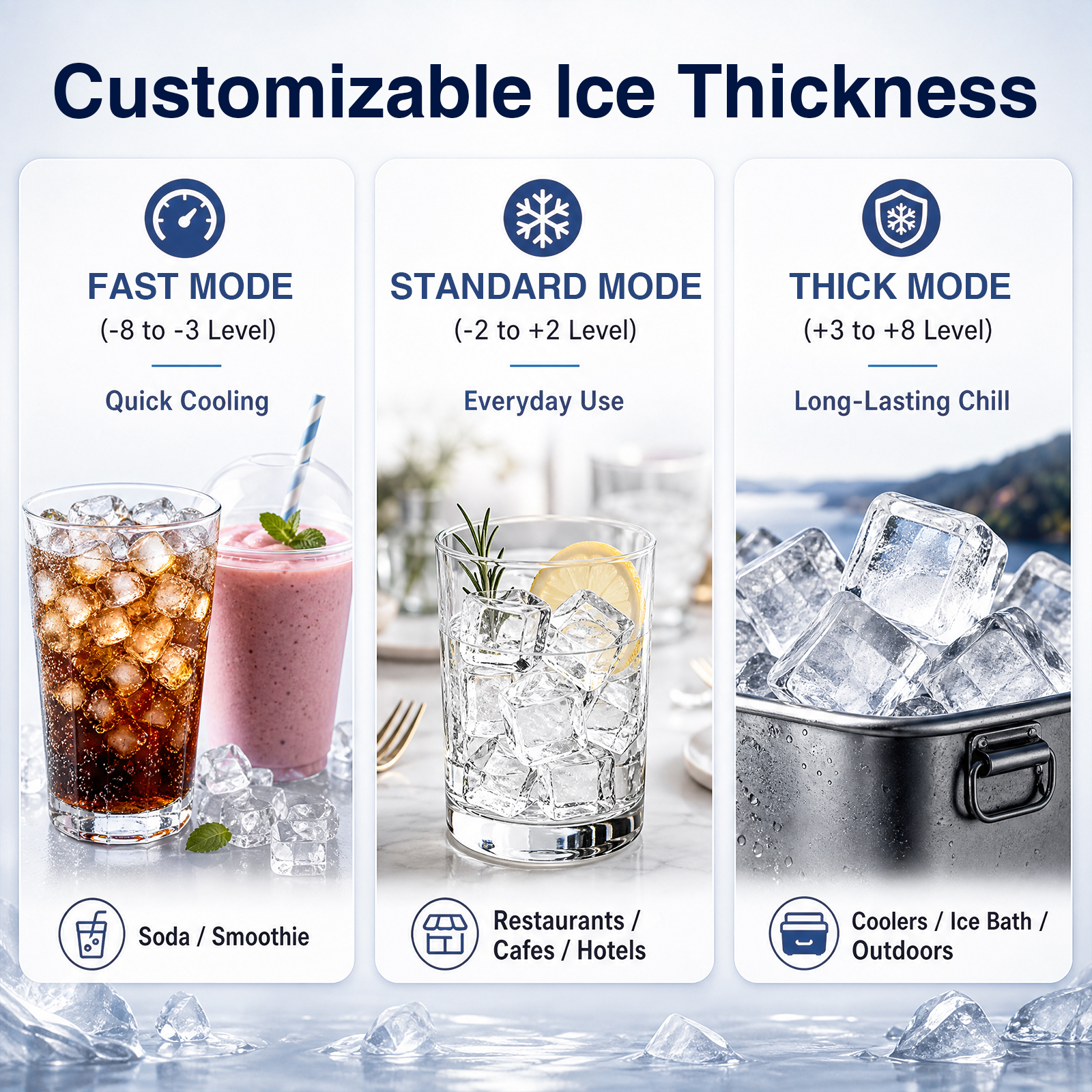 MOJGAR commercial ice maker with adjustable ice thickness from fast to thick settings for soda, smoothies, restaurants, cafés, hotels, coolers and outdoor use.