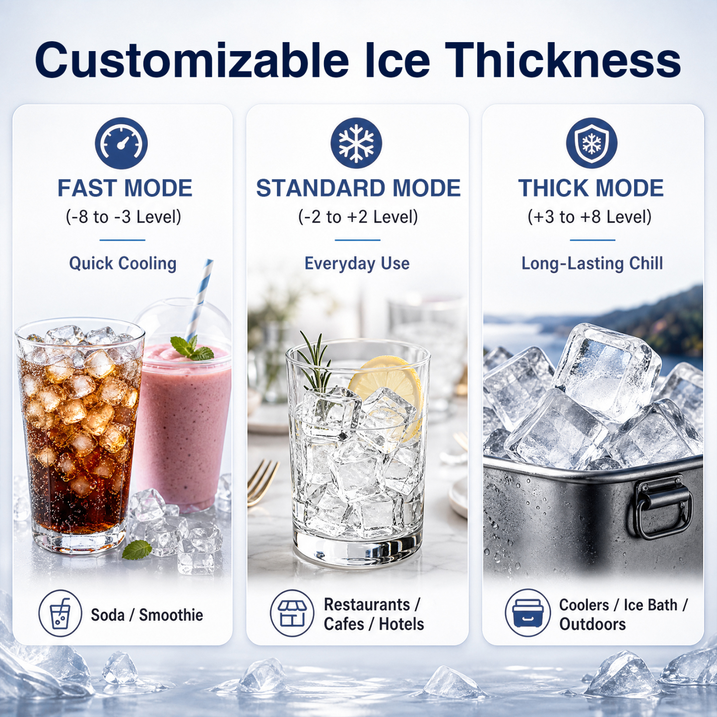 MOJGAR commercial ice maker with adjustable ice thickness from fast to thick settings for soda, smoothies, restaurants, cafés, hotels, coolers and outdoor use.