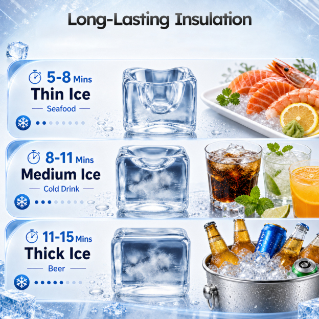 Mojgar commercial ice maker with adjustable ice thickness, offering thin, medium and thick cube settings for seafood, cold drinks, beer and other uses.