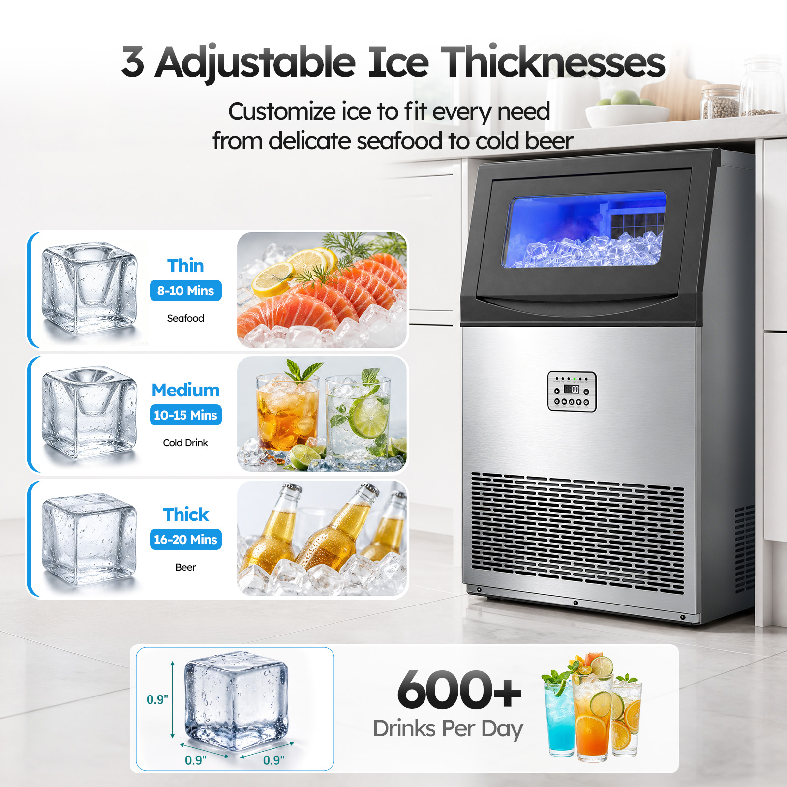 Mojgar commercial ice maker with three adjustable ice thickness settings for seafood, cold drinks, beer, cocktails, and other beverage or food-service needs.