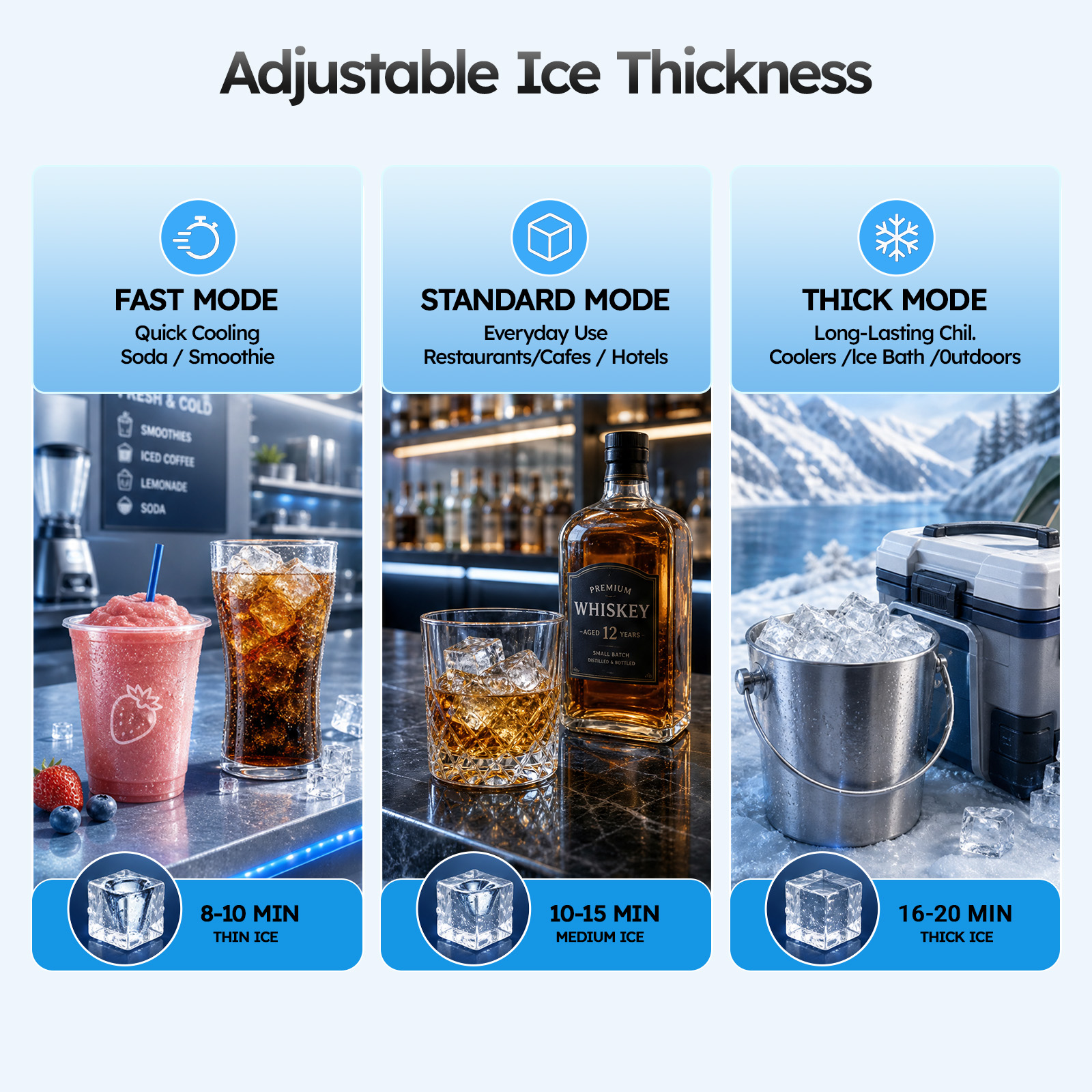 Mojgar commercial ice maker featuring adjustable ice thickness settings with fast, standard, and thick ice modes. Create thin, medium, or thick cube ice for soda, smoothies, restaurants, cafes, hotels, coolers, and outdoor applications.