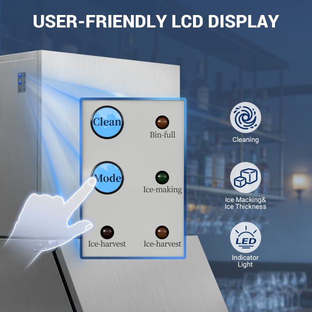 Close-up illustration of Mojgar commercial ice maker controls with Clean and Mode buttons, plus indicator lights for ice-making, bin-full and ice harvest status.