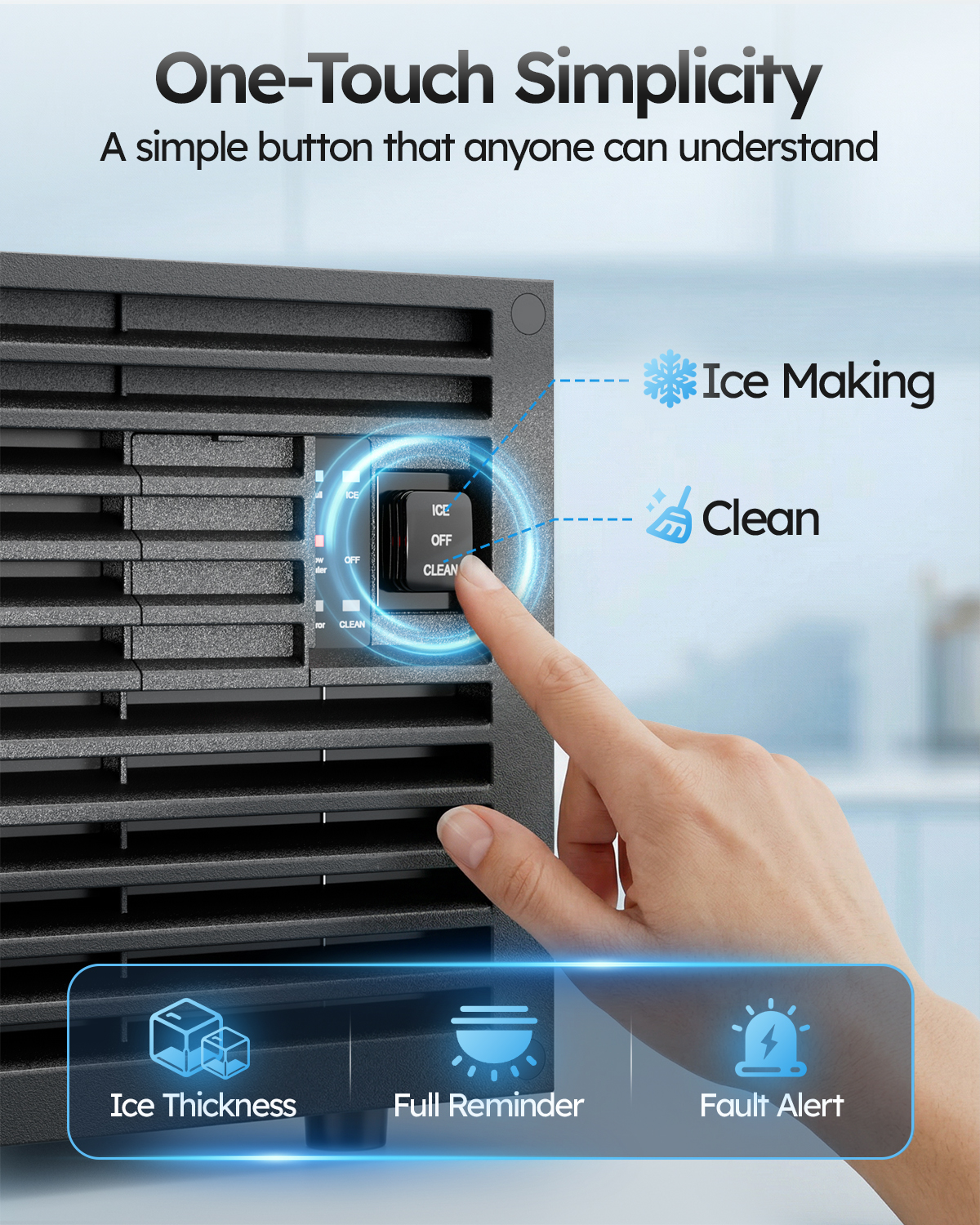 Mojgar commercial ice maker control panel with ice making, self-cleaning, adjustable ice thickness, ice-full reminder, and fault alert functions.