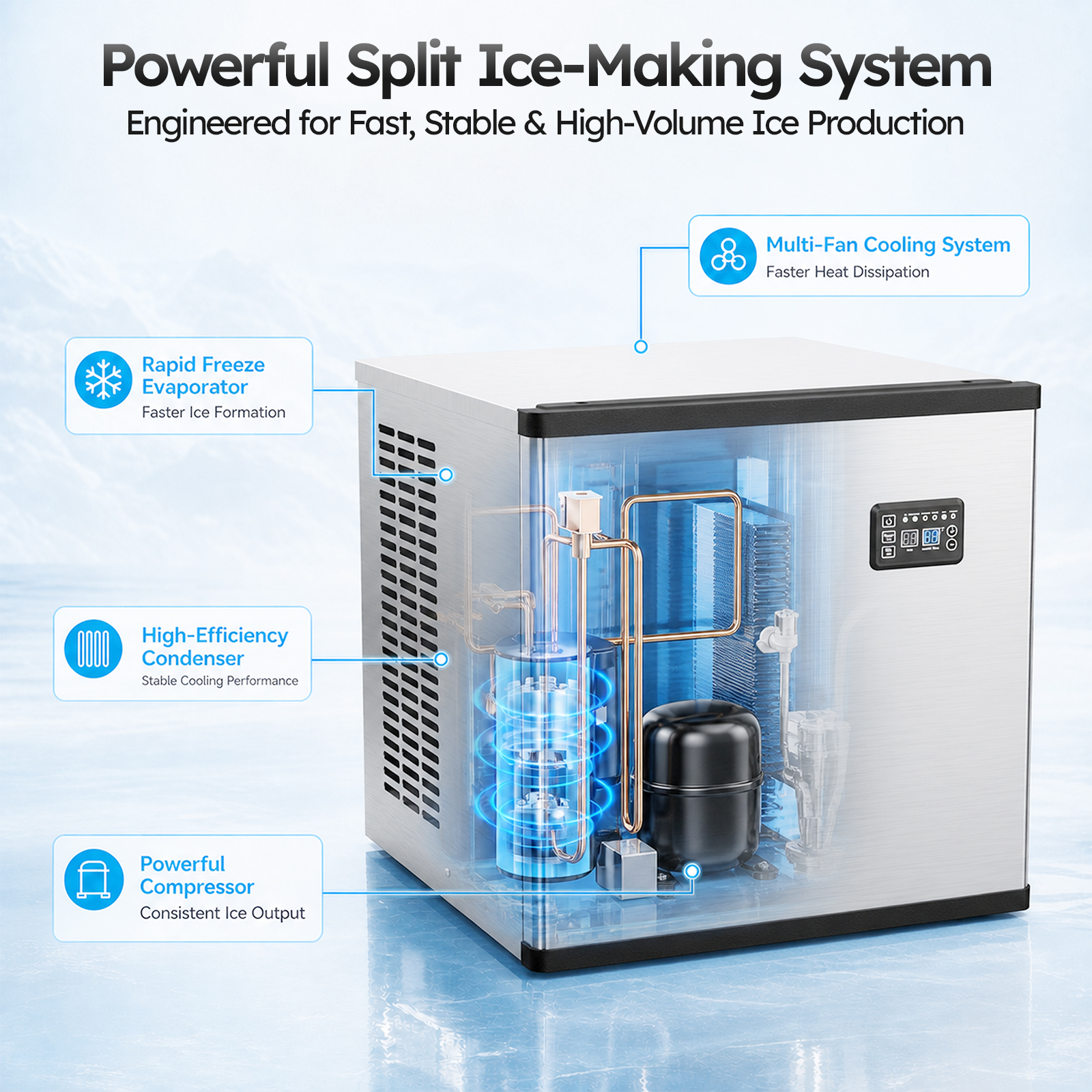 Mojgar commercial ice maker cooling system with powerful compressor, high-efficiency condenser, rapid-freeze evaporator and multi-fan heat dissipation.