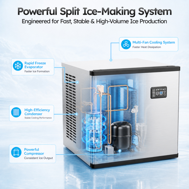 Mojgar commercial ice maker cooling system with powerful compressor, high-efficiency condenser, rapid-freeze evaporator and multi-fan heat dissipation.