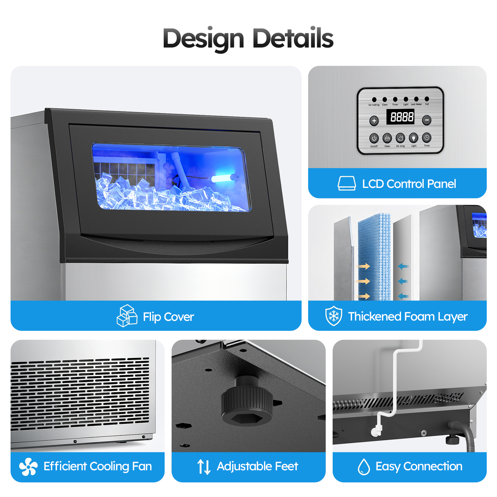 Mojgar commercial ice maker design details featuring flip cover, LCD control panel, thickened foam insulation, efficient cooling fan, adjustable feet, and easy water connection.