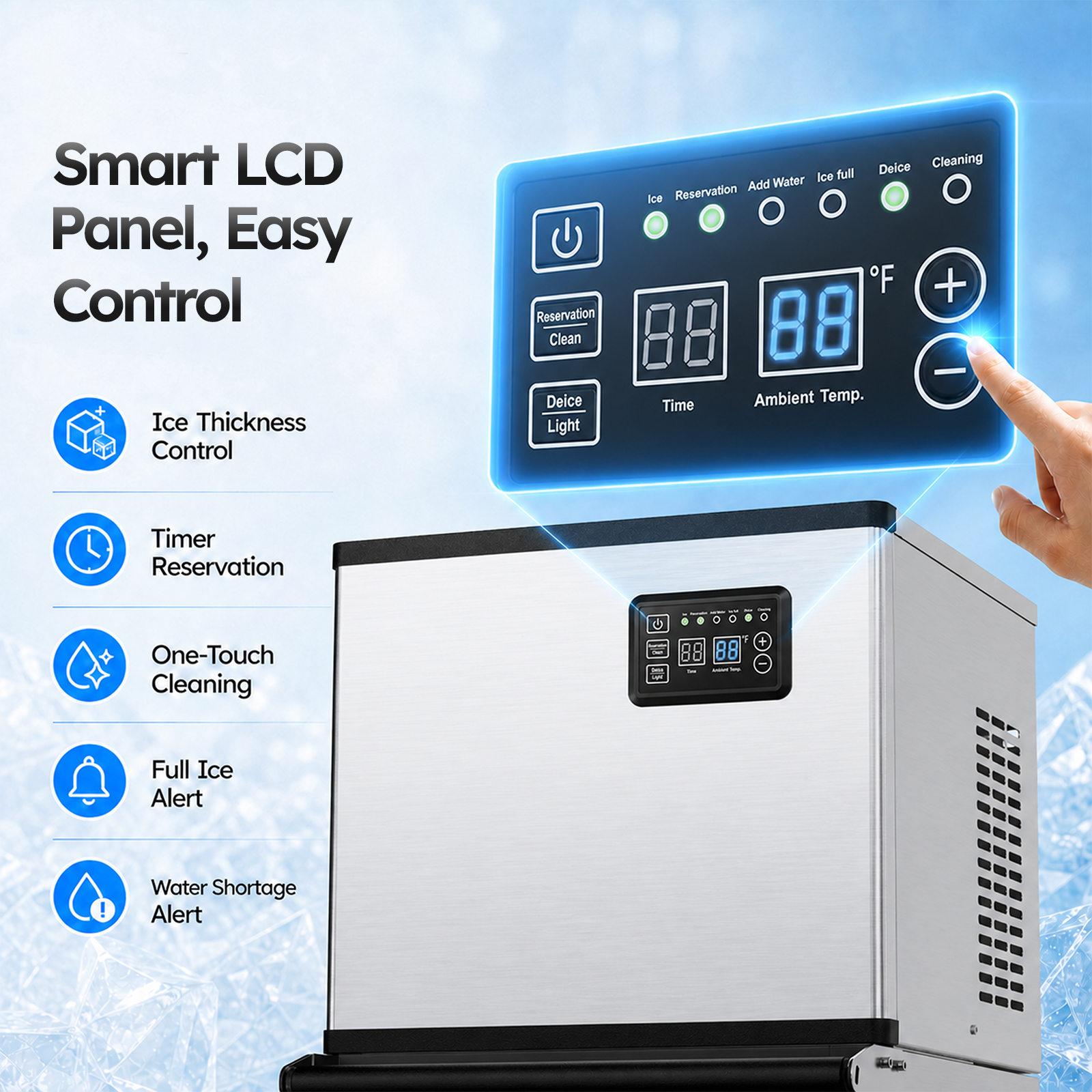Mojgar commercial ice maker digital control panel with ice thickness adjustment, timer reservation, one-touch cleaning, ice-full alert and water shortage alert.
