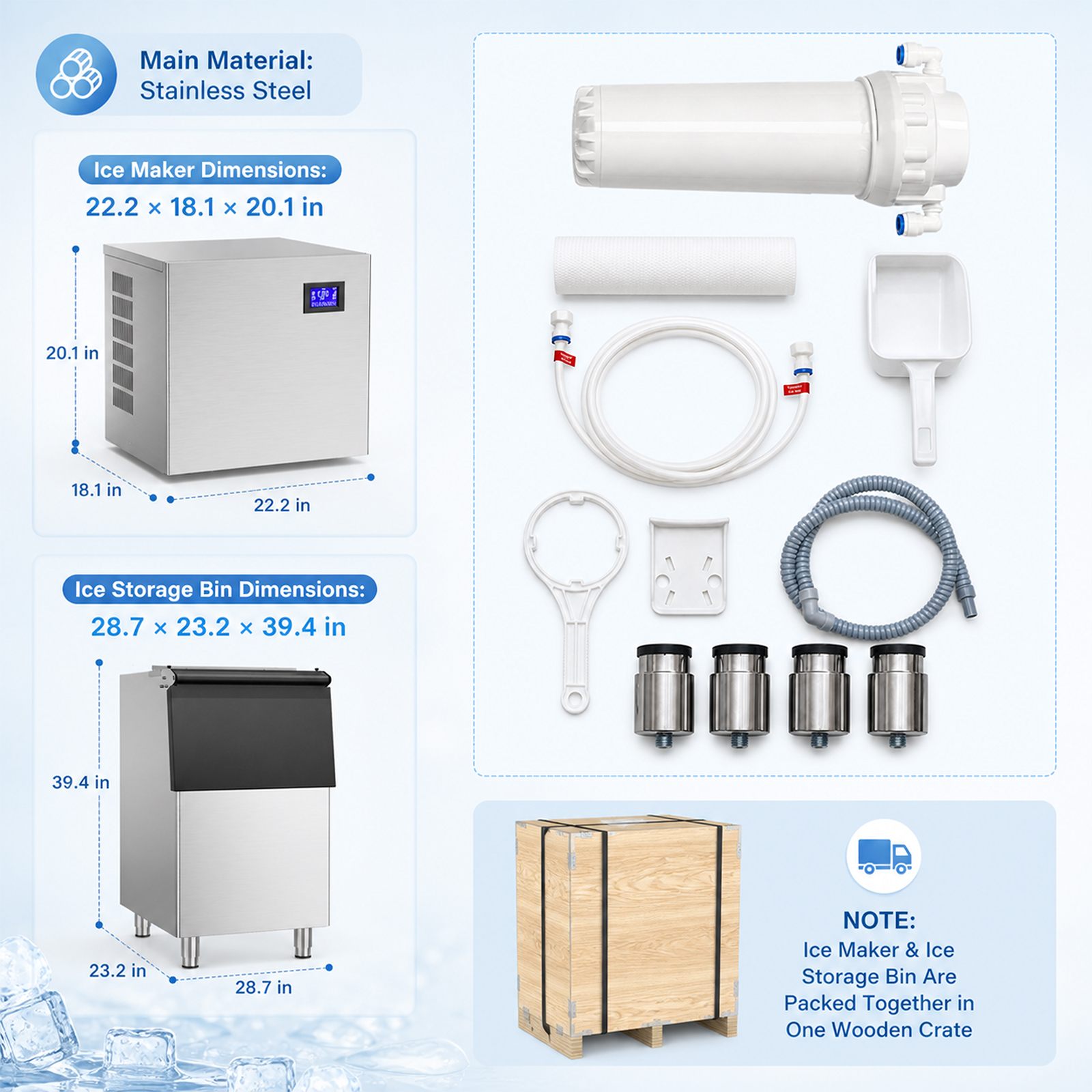 Mojgar commercial ice maker dimensions and included accessories, showing a 22.2 x 18.1 x 20.1 in ice-making head and 28.7 x 23.2 x 39.4 in storage bin.