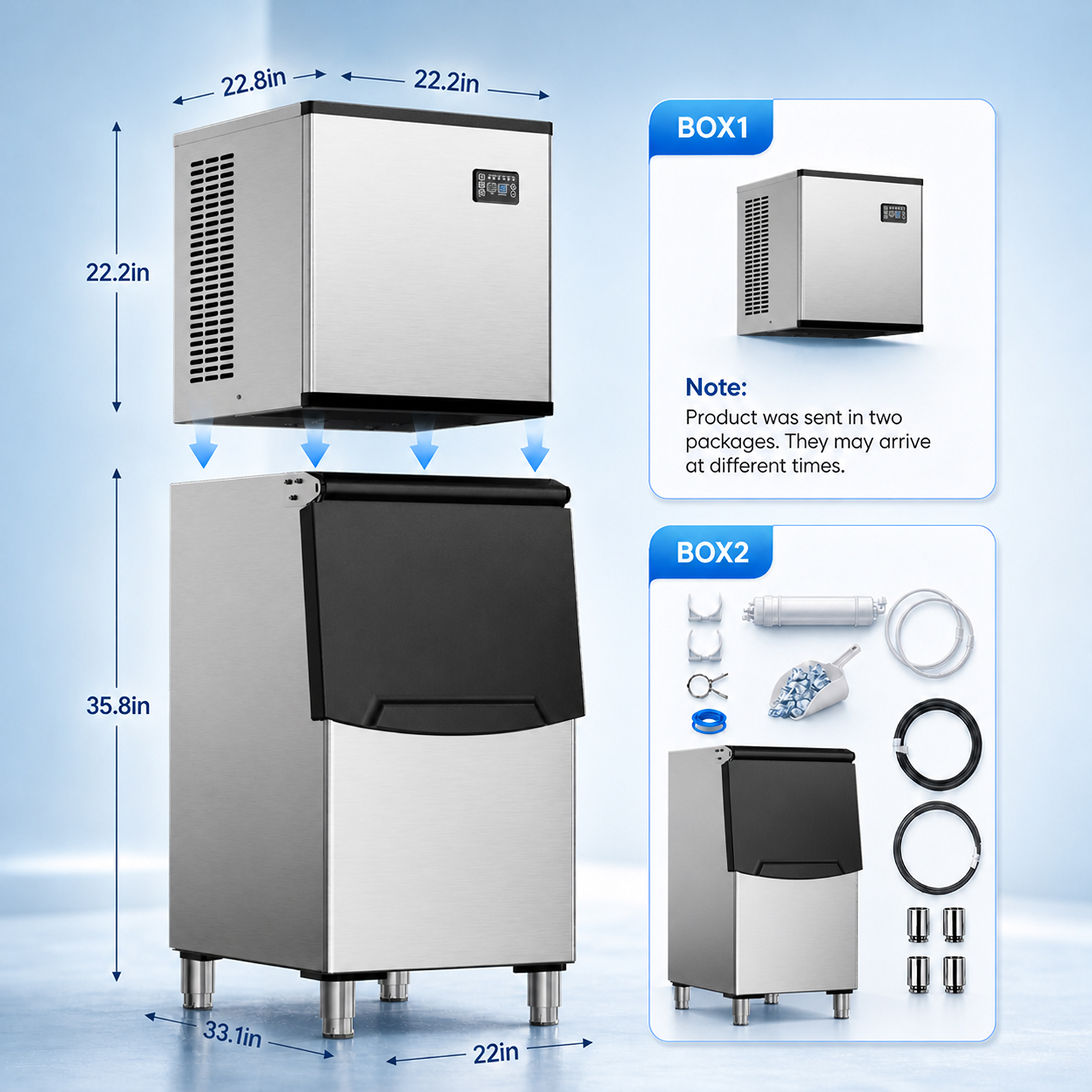 Mojgar commercial ice maker dimensions with 22.2-inch ice-making head and 35.8-inch storage bin, showing two-box packaging and included accessories.