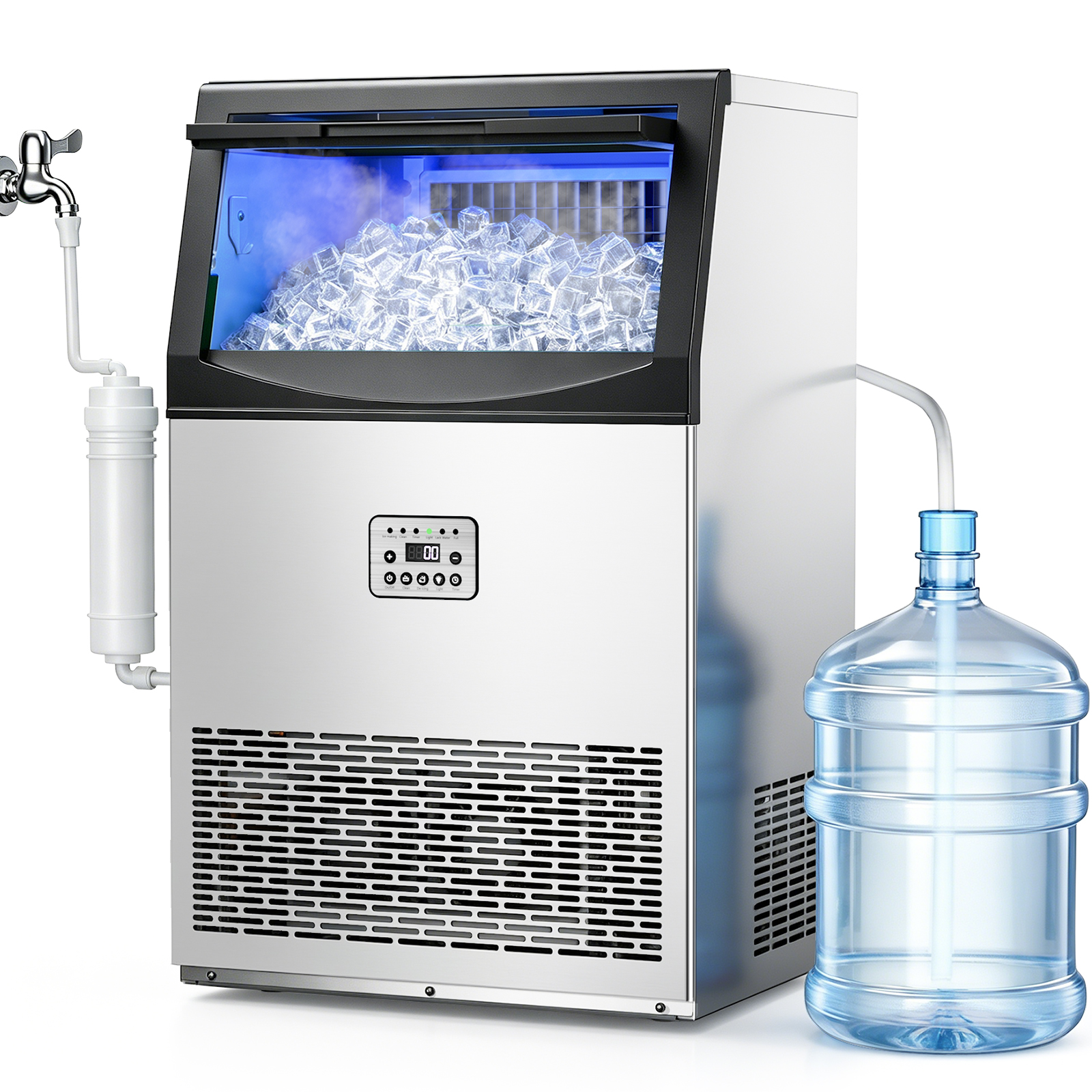 Mojgar commercial ice maker with dual water supply options, supporting direct tap-water connection or bottled water for flexible installation in different locations.