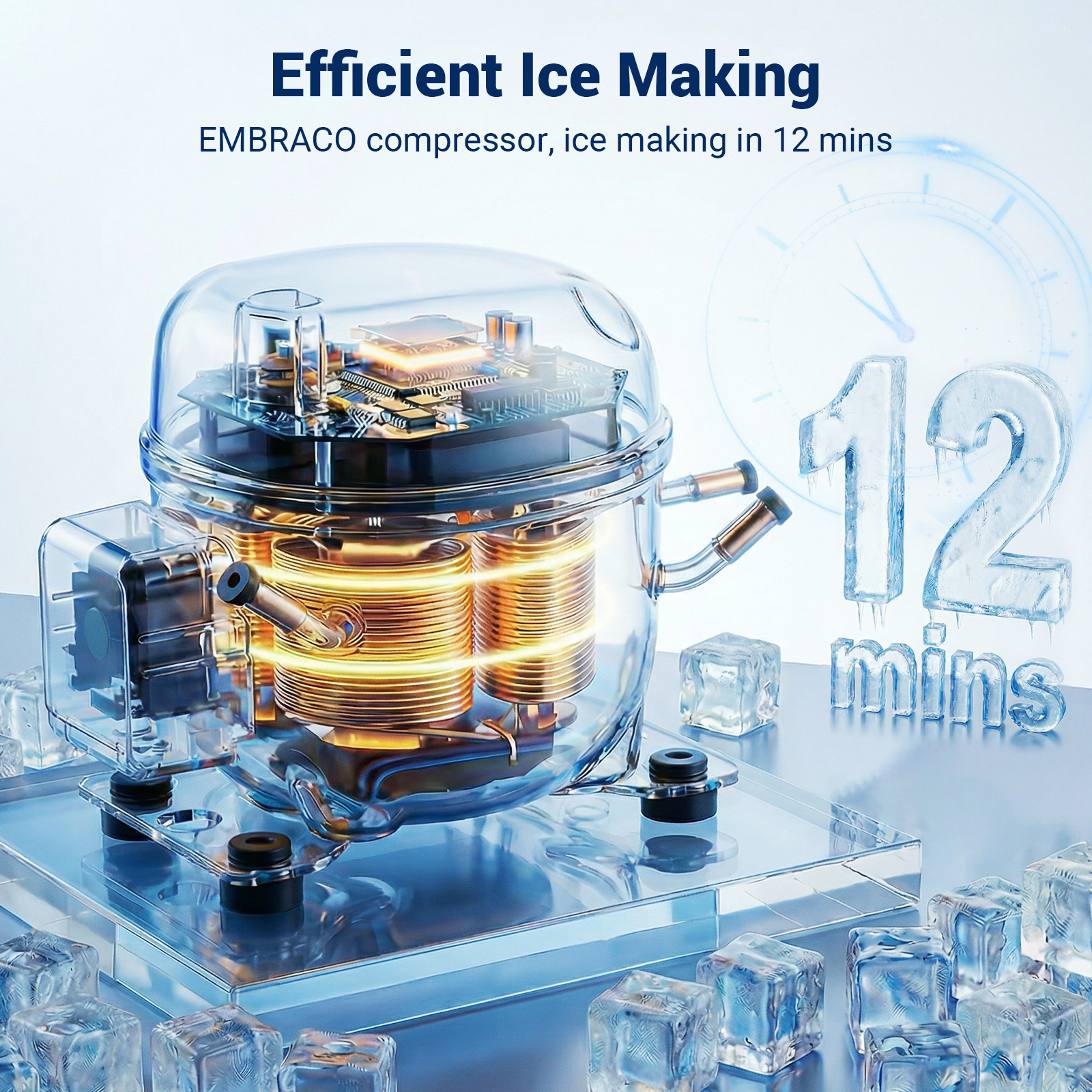 Promotional illustration of an Embraco compressor for the Mojgar commercial ice maker, highlighting an approximately 12-minute ice-making cycle.