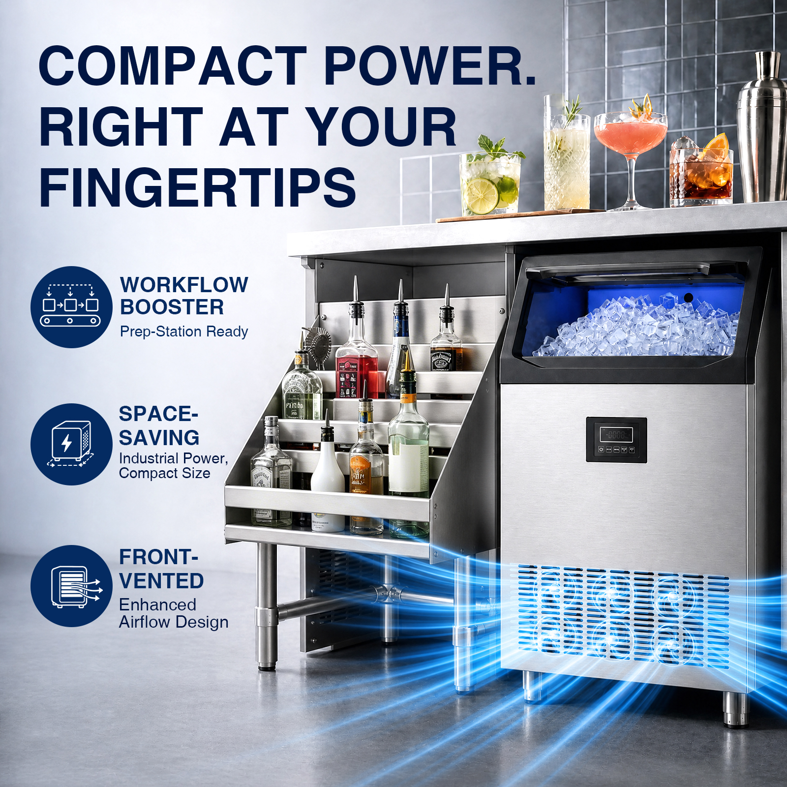 MOJGAR commercial ice maker with front ventilation and compact stainless steel design for efficient airflow in bars, restaurants and beverage service areas.