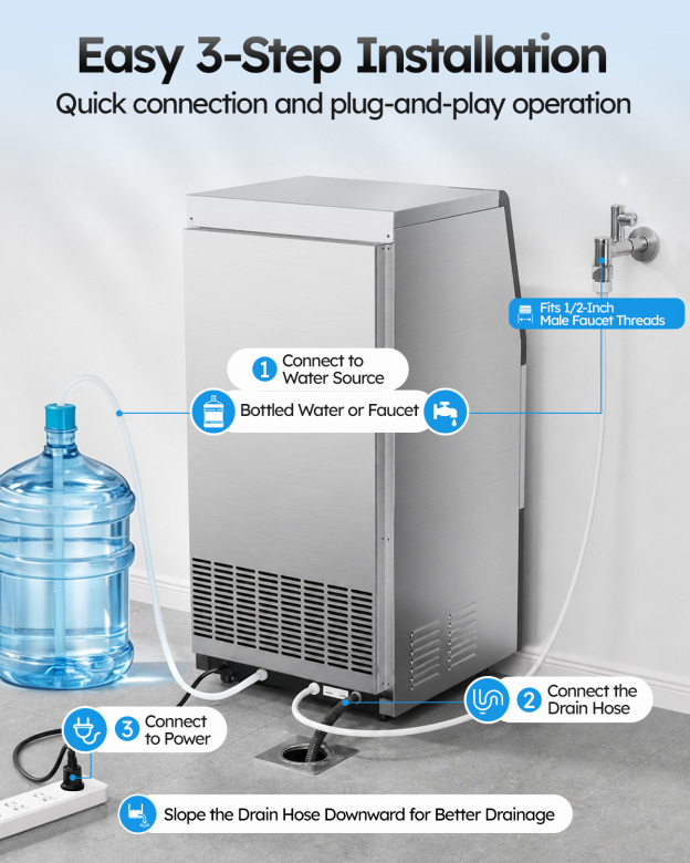 Three-step installation guide for Mojgar commercial ice maker showing bottled or tap water connection, gravity drain hose setup, and power connection for everyday operation.