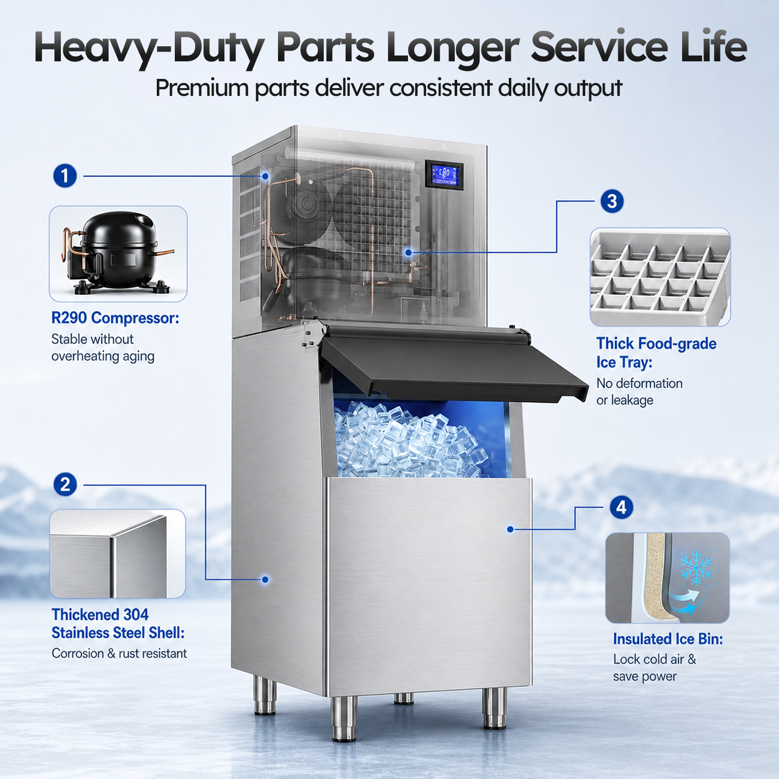 Mojgar commercial ice maker with R290 compressor, 304 stainless steel shell, food-grade ice tray and insulated storage bin for reliable high-volume commercial ice production.