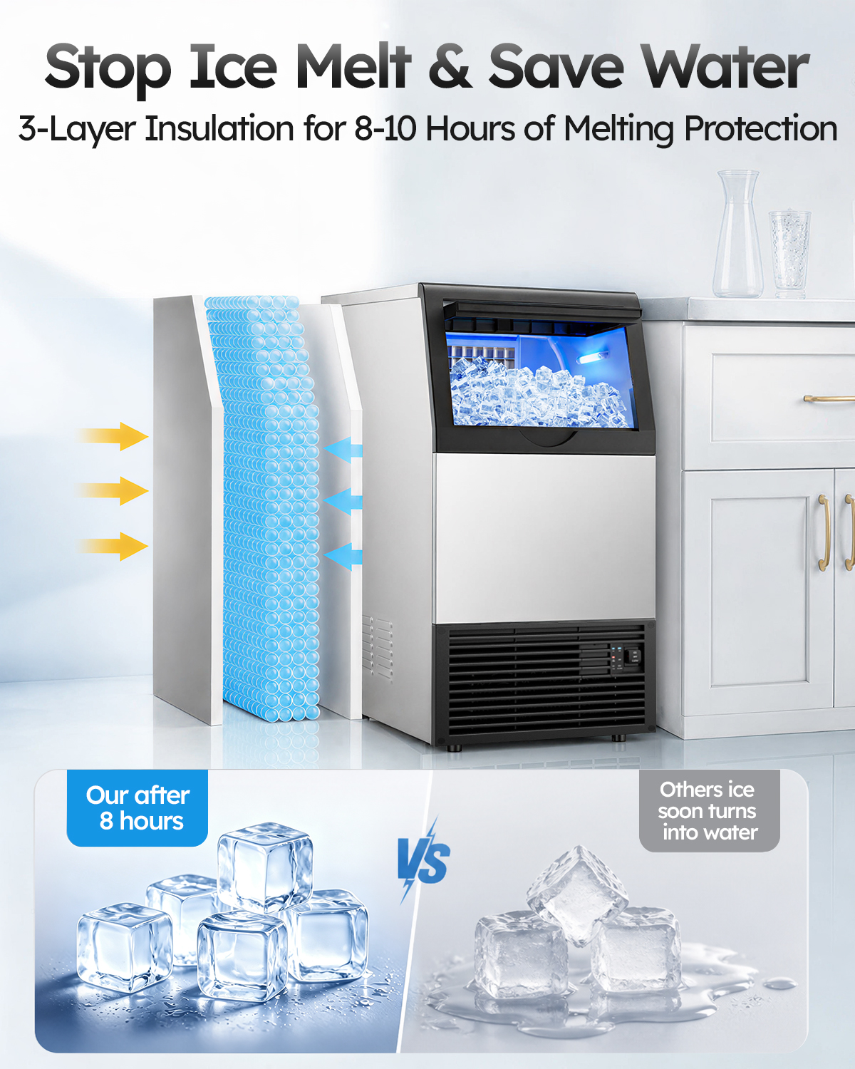 Mojgar commercial ice maker with three-layer insulated ice storage designed to slow melting and help keep square ice cubes cold for hours between ice-making cycles.