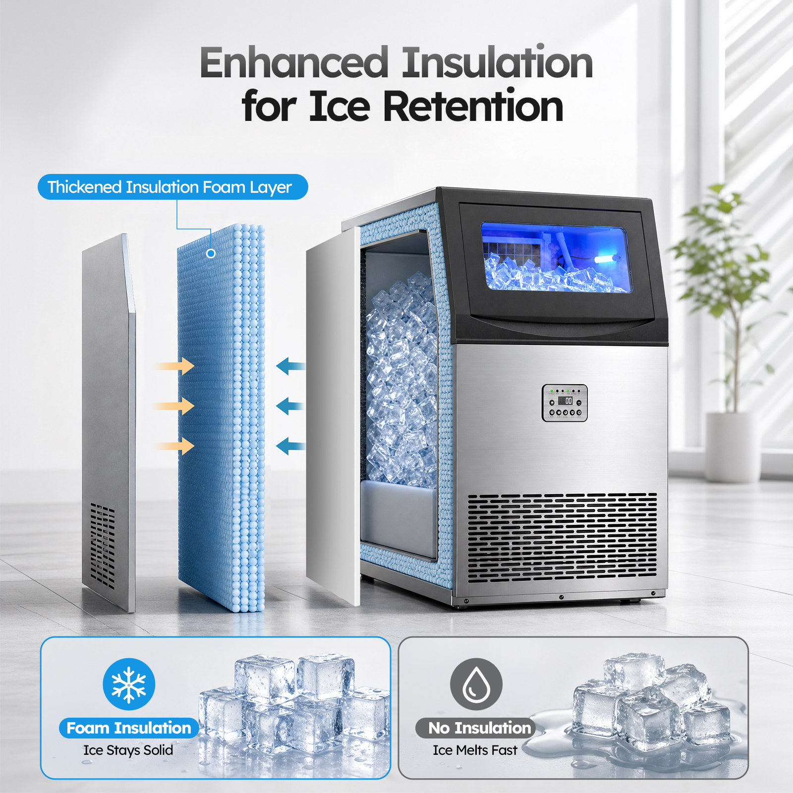 Mojgar commercial ice maker with thickened insulation foam layer designed to help retain ice longer and reduce melting inside the 50 lb storage bin.