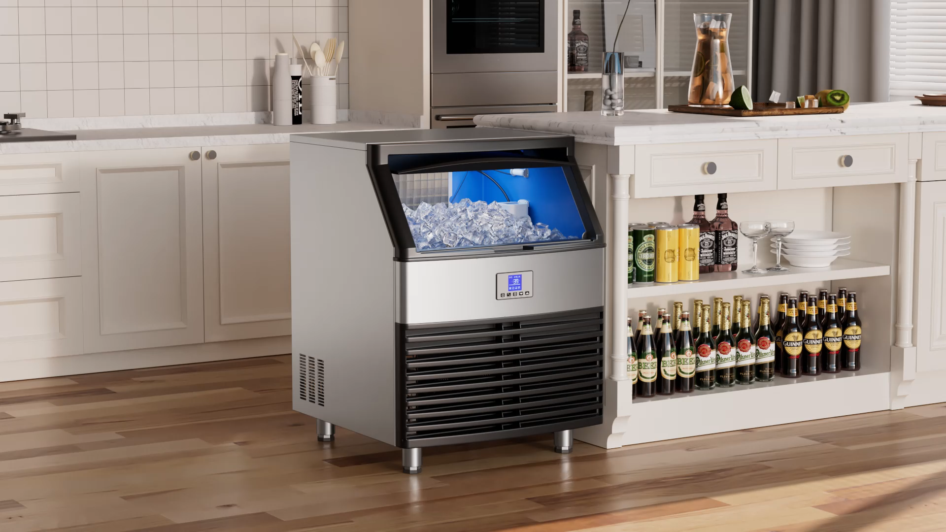Mojgar ommercial ice maker in a modern kitchen setting, filled with cube ice, surrounded by drinks and barware for beverage preparation.