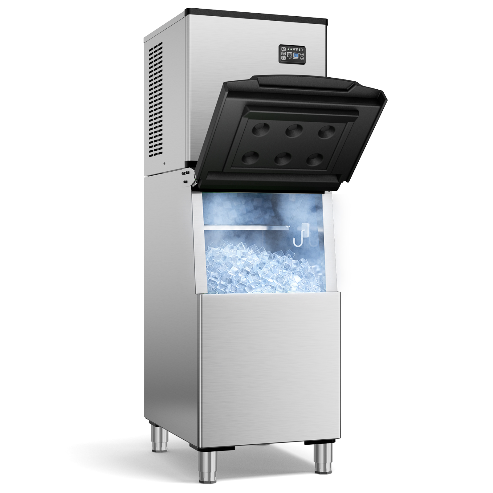 Mojgar stainless steel commercial ice maker with the insulated storage bin open, showing a large supply of clear cube ice ready for commercial use.