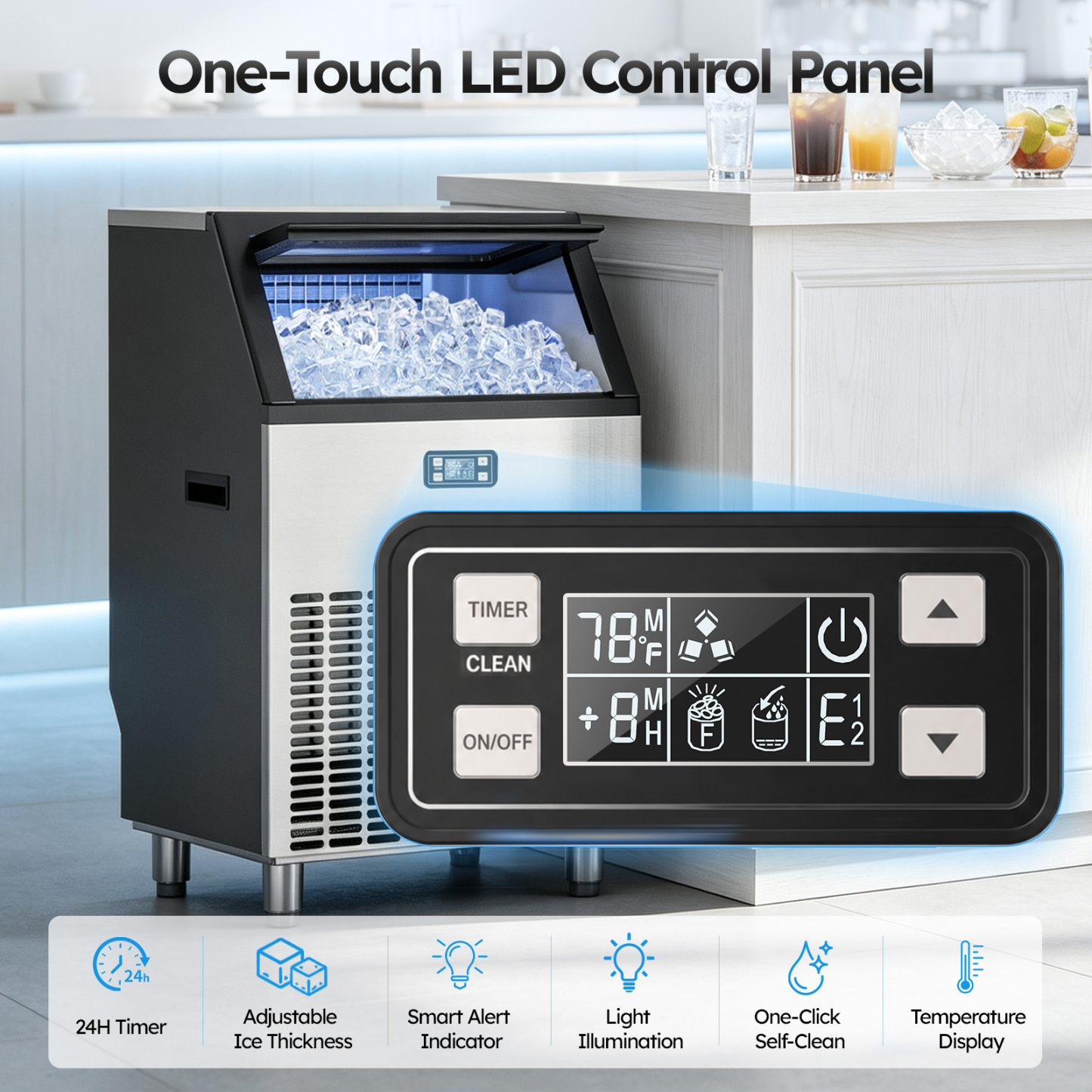 Mojgar commercial ice maker with smart LED control panel featuring 24H timer, adjustable ice thickness, temperature display, smart alerts, one-touch self-cleaning, and built-in illumination for convenient ice production.