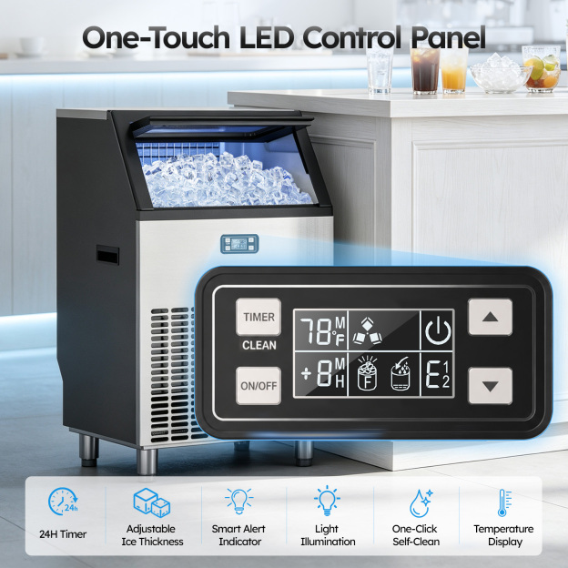 Mojgar commercial ice maker with smart LED control panel featuring 24H timer, adjustable ice thickness, temperature display, smart alerts, one-touch self-cleaning, and built-in illumination for convenient ice production.