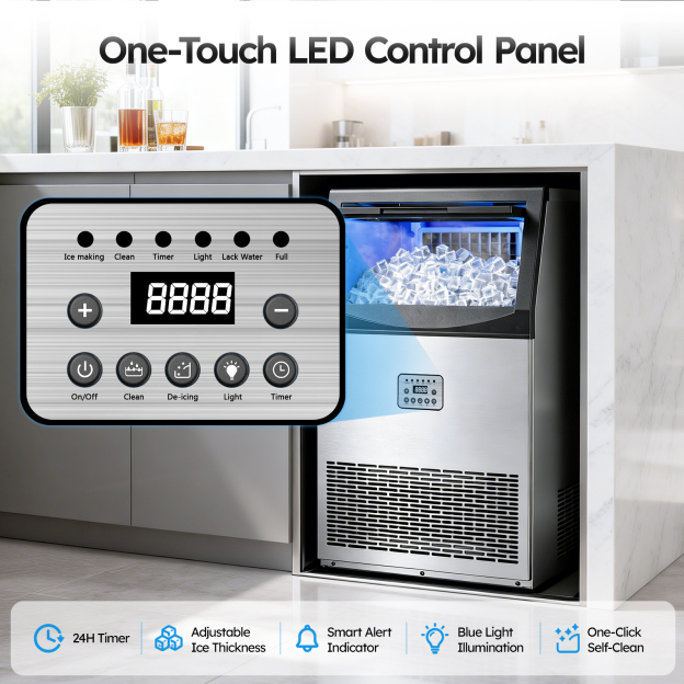 Mojgar commercial ice maker LED control panel with 24-hour timer, adjustable ice thickness, smart alerts, interior blue light, and one-touch self-cleaning function.