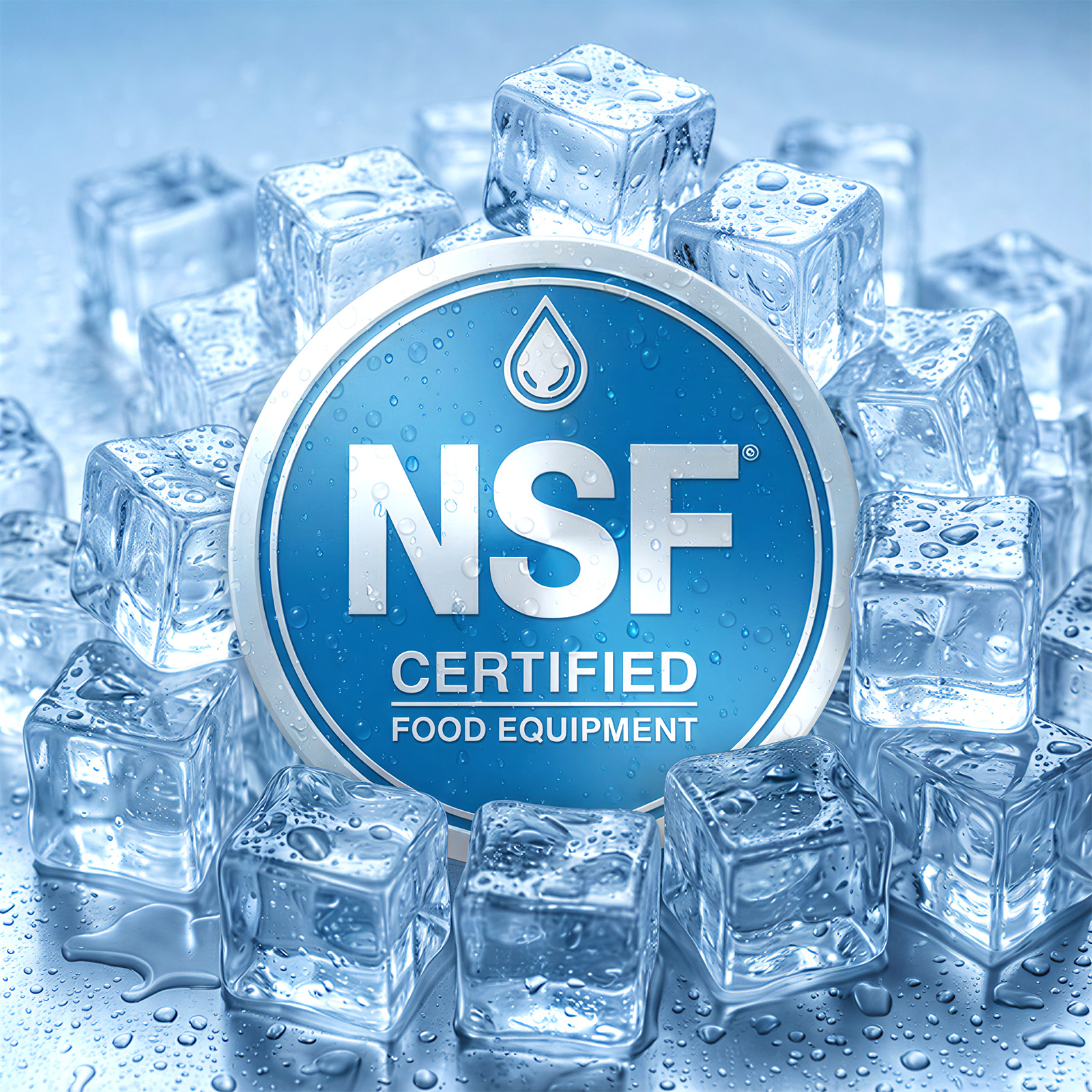 NSF Certified Food Equipment badge displayed among clear ice cubes in a certification-themed product image for the Mojgar commercial ice maker.